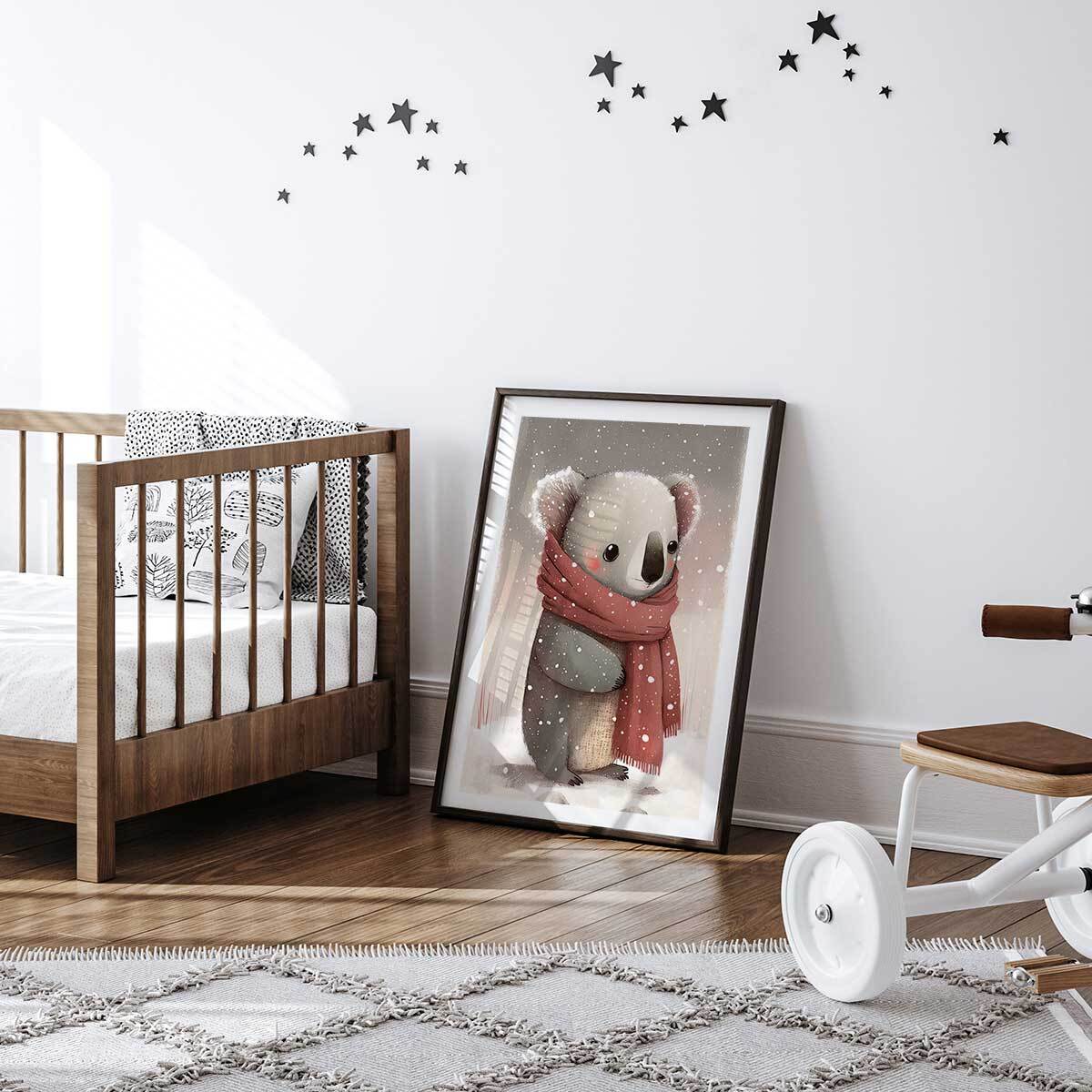 Affiche enfant koala sous la neige  Affiche sous cadre noir