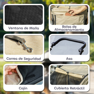 para Perros Plegable Cochecito para Perros Pequeños hasta 10 kg con Ruedas Universales Marco de Aluminio Correa de Seguridad Cojín Lavable y Ventanas 80x48,5x106 cm Caqui