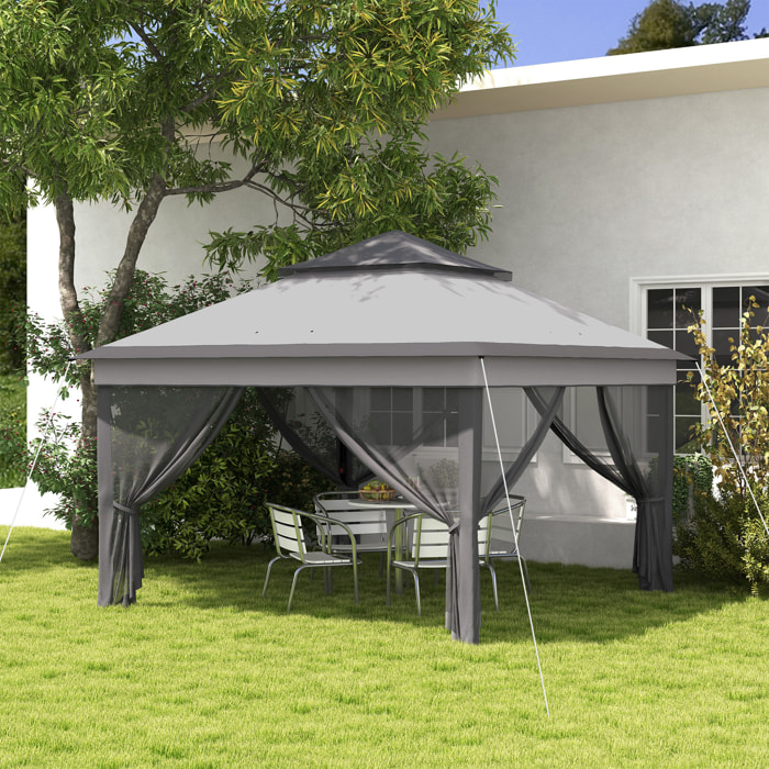 Carpa Plegable 3,26x3,26x2,72 m Cenador de Jardín con Doble Techo Altura Ajustable en 3 Niveles 4 Mosquiteras Protección UV30+ Impermeable y Bolsa para Fiestas Camping Gris