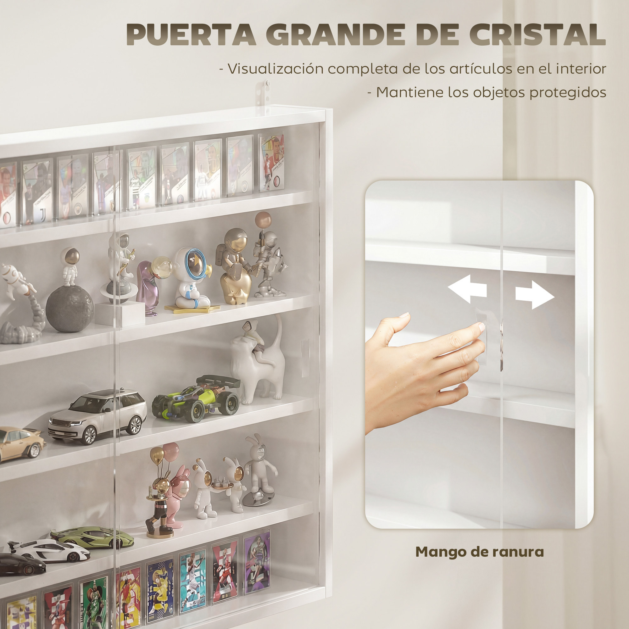 Vitrina Expositora para Colecciones de 5 Niveles, Vitrina de Pared, con Estantes Ajustables y 2 Puertas Correderas de Vidrio, para Perfumes, Figuras de Decoración, 80x9,5x60 cm, Blanco