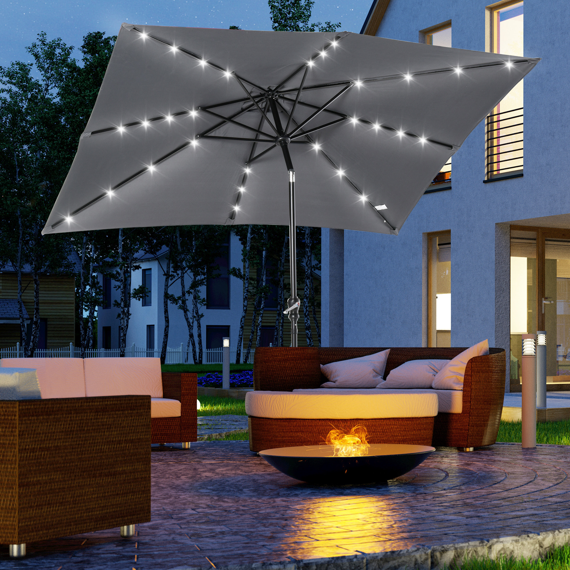 Sombrilla de Jardín 268x205x248 cm Parasol de Terraza con Techo Inclinable hasta 45° Luces LED Solares Anti-UV e Impermeable para Patio Balcón Gris Oscuro