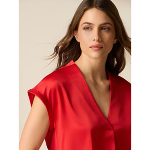 Oltre - T-shirt bimaterica scollo a V - Rosso