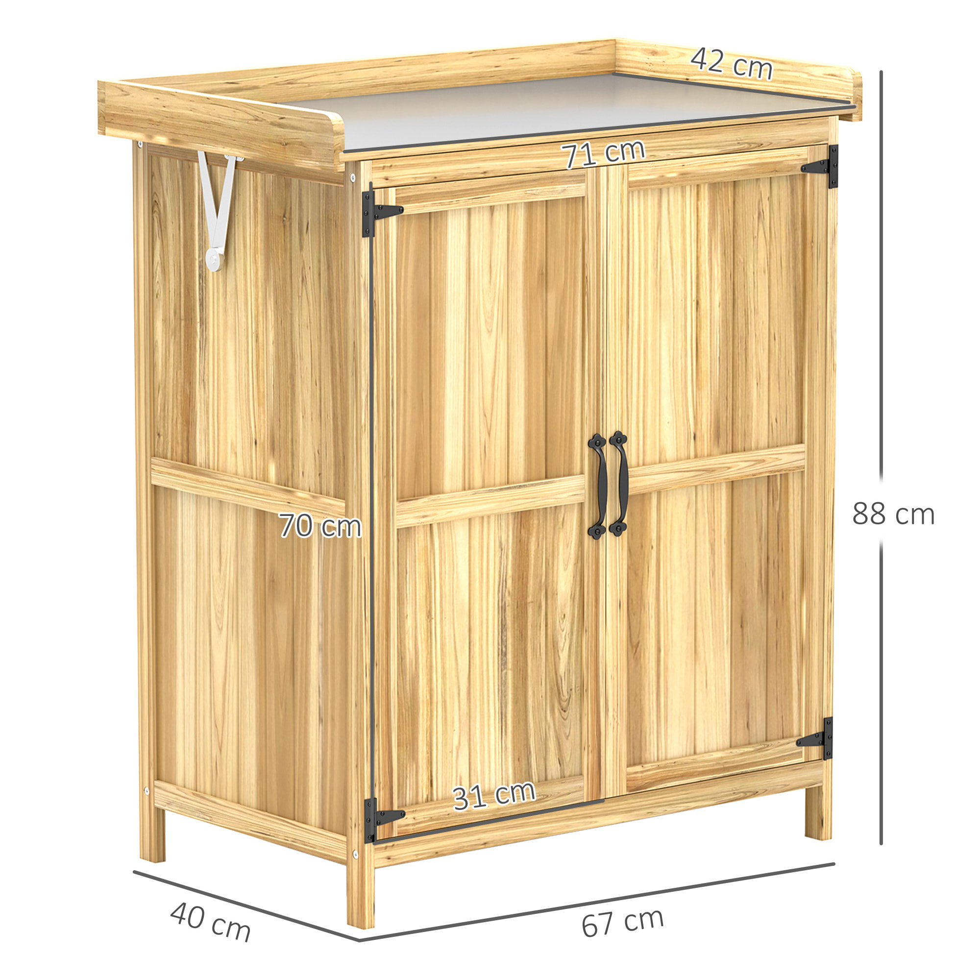 Outsunny Armario de Exterior de Madera, Caseta de Jardín Exterior con Techo Abatible de Acero Inoxidable, Estante, 2 Puertas, Cobertizo de Jardín para Almacenamiento Herramientas, 74x43x88 cm, Natural