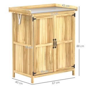Outsunny Armario de Exterior de Madera, Caseta de Jardín Exterior con Techo Abatible de Acero Inoxidable, Estante, 2 Puertas, Cobertizo de Jardín para Almacenamiento Herramientas, 74x43x88 cm, Natural