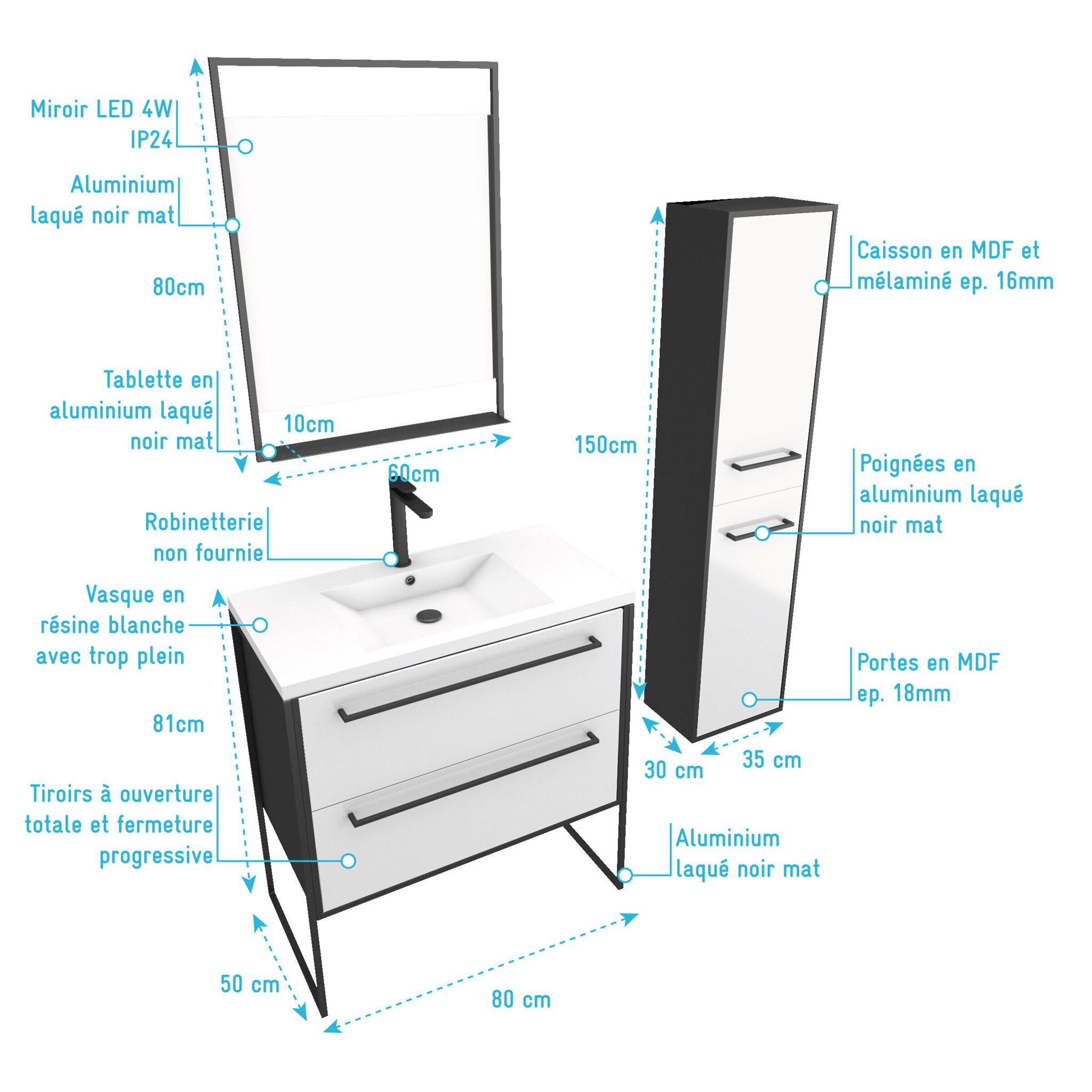 Meuble Salle de Bains 80 cm, Vasque Blanche, Miroir Led et Colonne - Noir et Blanc - STRUCTURA