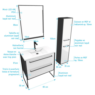 Meuble Salle de Bains 80 cm, Vasque Blanche, Miroir Led et Colonne - Noir et Blanc - STRUCTURA