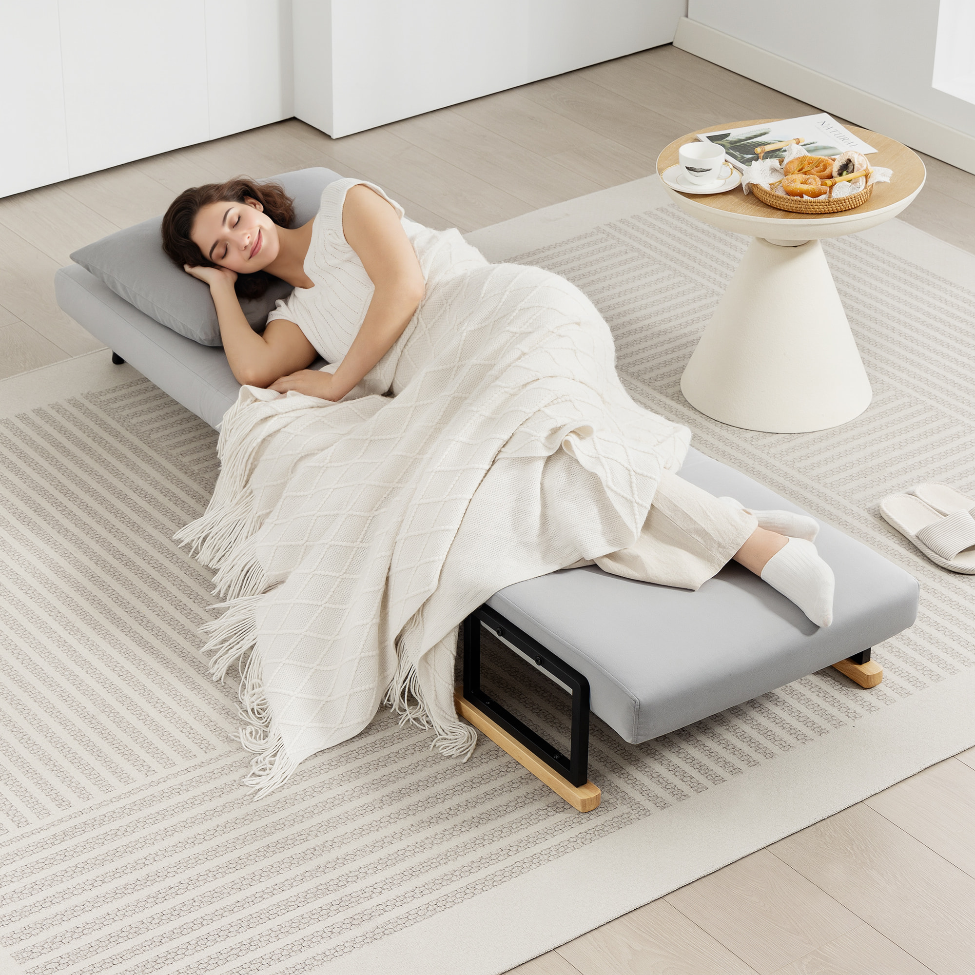 Sofá Cama de 1 Plaza 4 en 1, Sofá Cama Plegable Tapizado en Terciopelo con Respaldo Ajustable de 5 Niveles y Almohada Acolchada, para Oficina, Dormitorio, Salón, 63x73x81 cm, Gris Claro