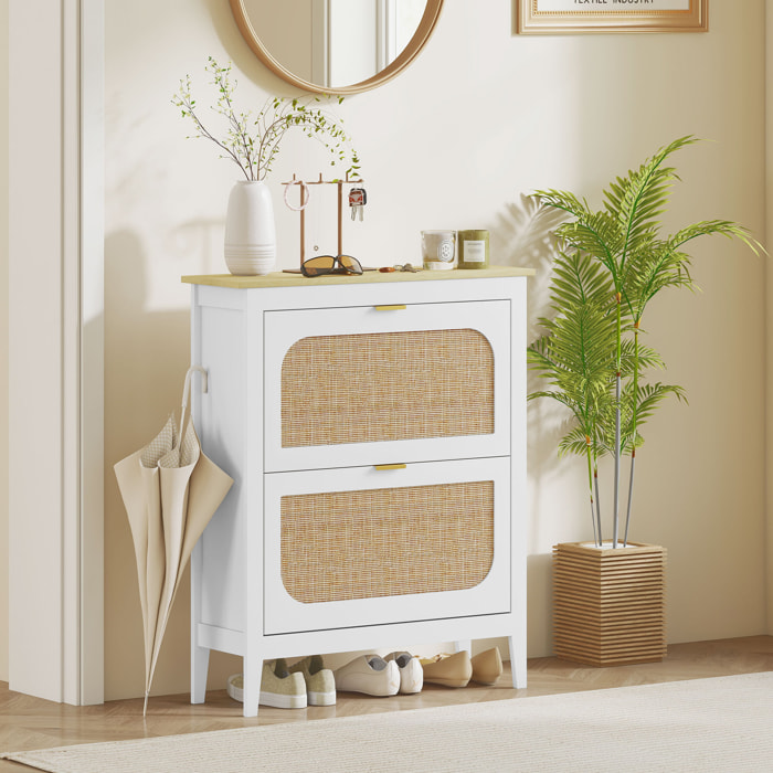 Meuble à chaussures style bohème chic 2 portes façades rotin poignées dorées effet bois clair blanc