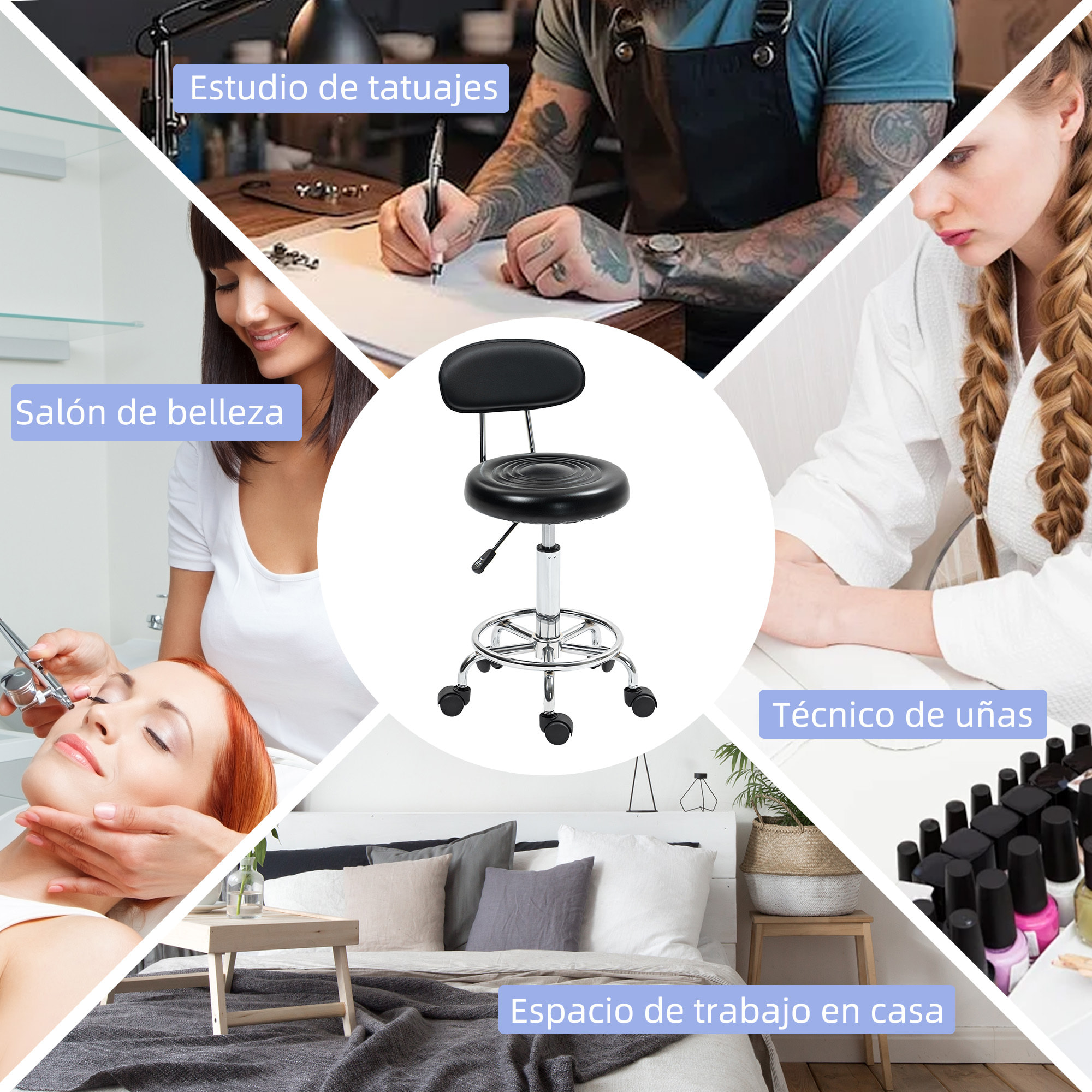 Taburete Giratorio Taburete con Ruedas y Respaldo Taburete de Trabajo con Altura Regulable 70-86 cm Asiento Tapizado de Cuero Sintético Negro