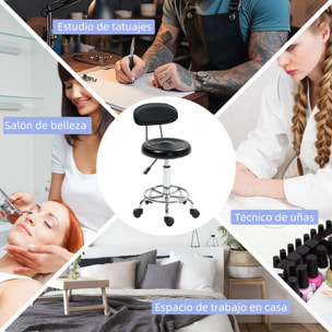 Taburete Giratorio Taburete con Ruedas y Respaldo Taburete de Trabajo con Altura Regulable 70-86 cm Asiento Tapizado de Cuero Sintético Negro