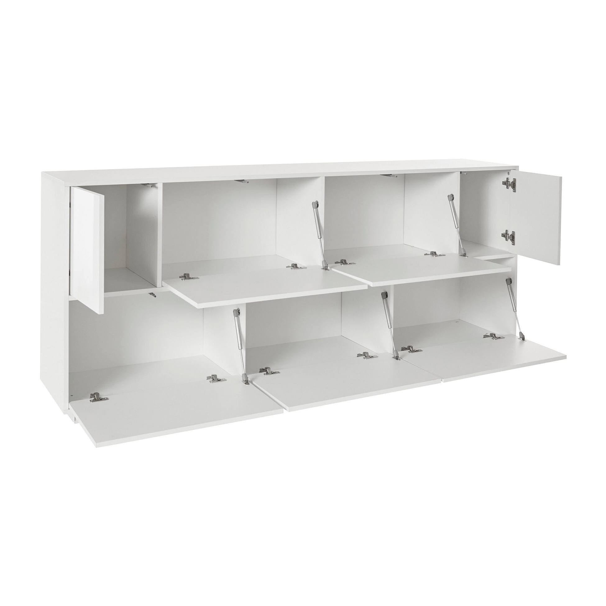 Credenza Virginio, Madia da cucina a 7 ante, Buffet da soggiorno, 100% Made in Italy, cm 200x41h86, Bianco lucido