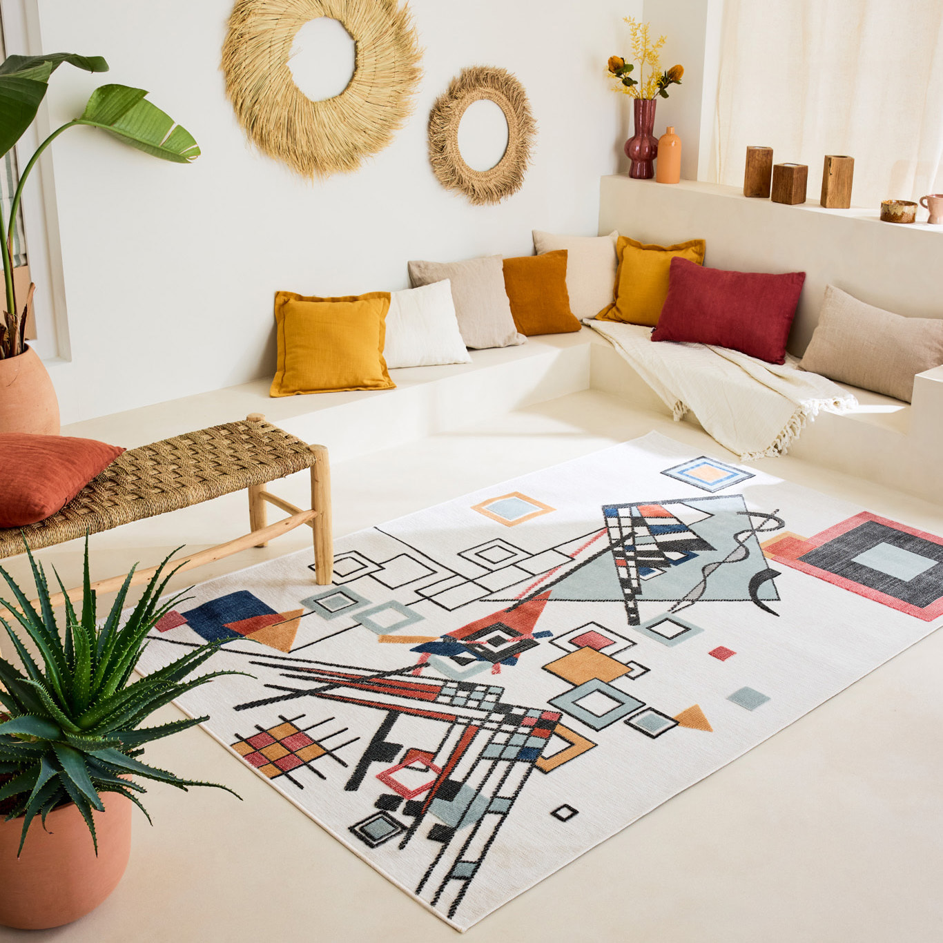 GARDEN - Tapis d'intérieur / extérieur à motif artistique blanc, noir, bleu, rouge, beige, gris