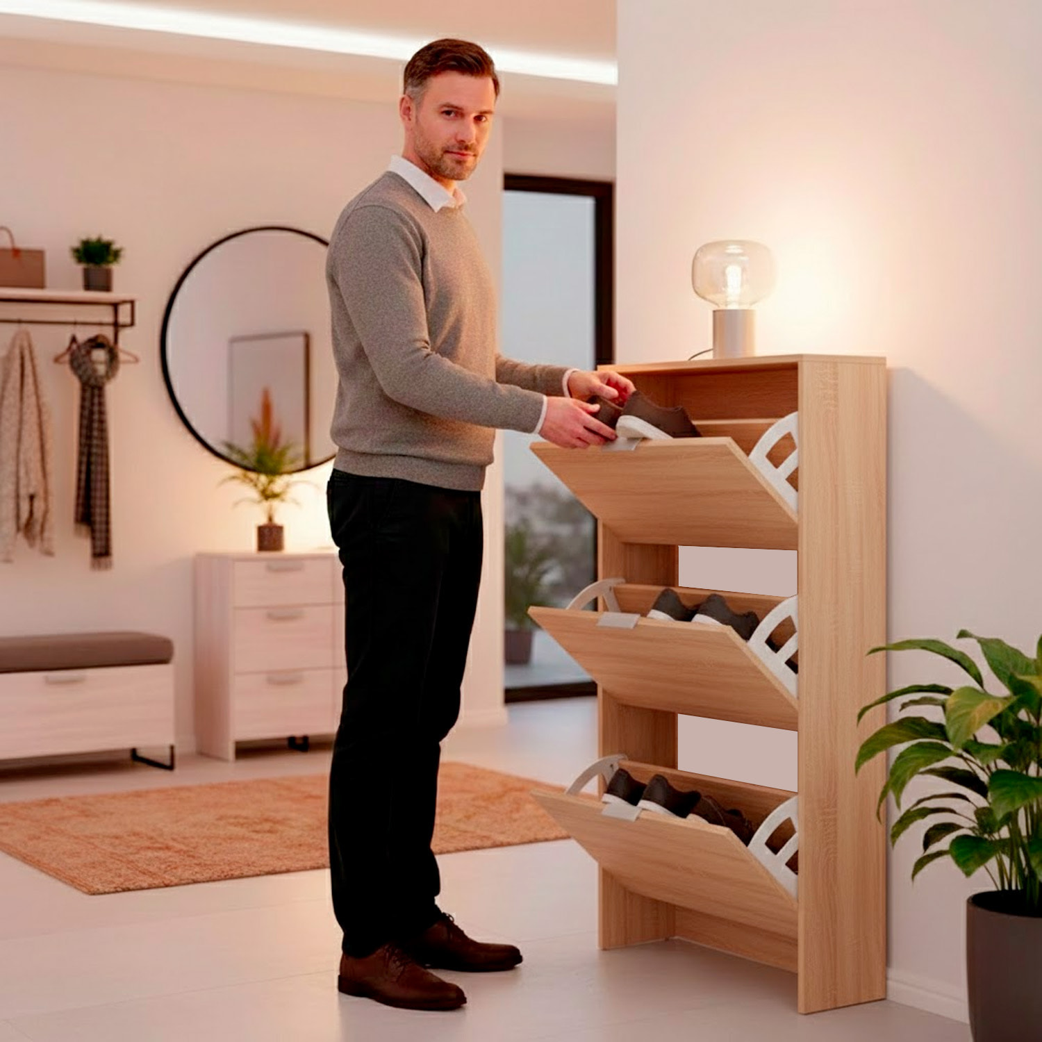 Scarpiera A Ribalta Salvaspazio 3 Ante E 6 Ripiani Mobile Portascarpe Fino A 20 Paia Di Scarpe Ingresso Corridoio Retro Porta 113 x 60 x 22 Cm Rovere