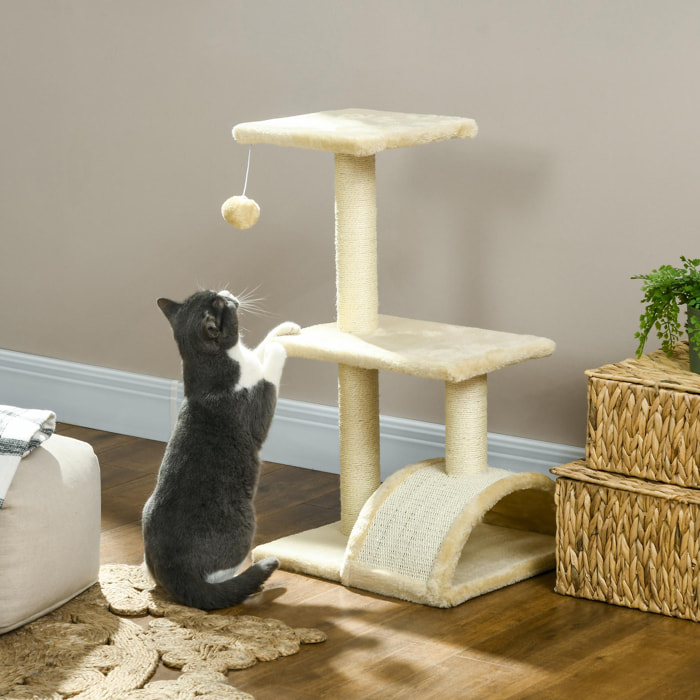 Árbol Rascador para Gatos Mediano Árbol para Gatos de 3 Niveles Torre para Gatos con Postes de Sisal Tablero para Rascar y Bola Colgante Crema