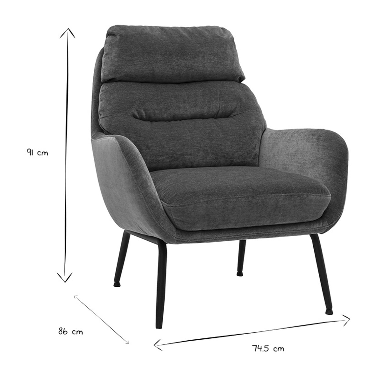 Fauteuil en tissu effet velours vert kaki et métal noir BENI