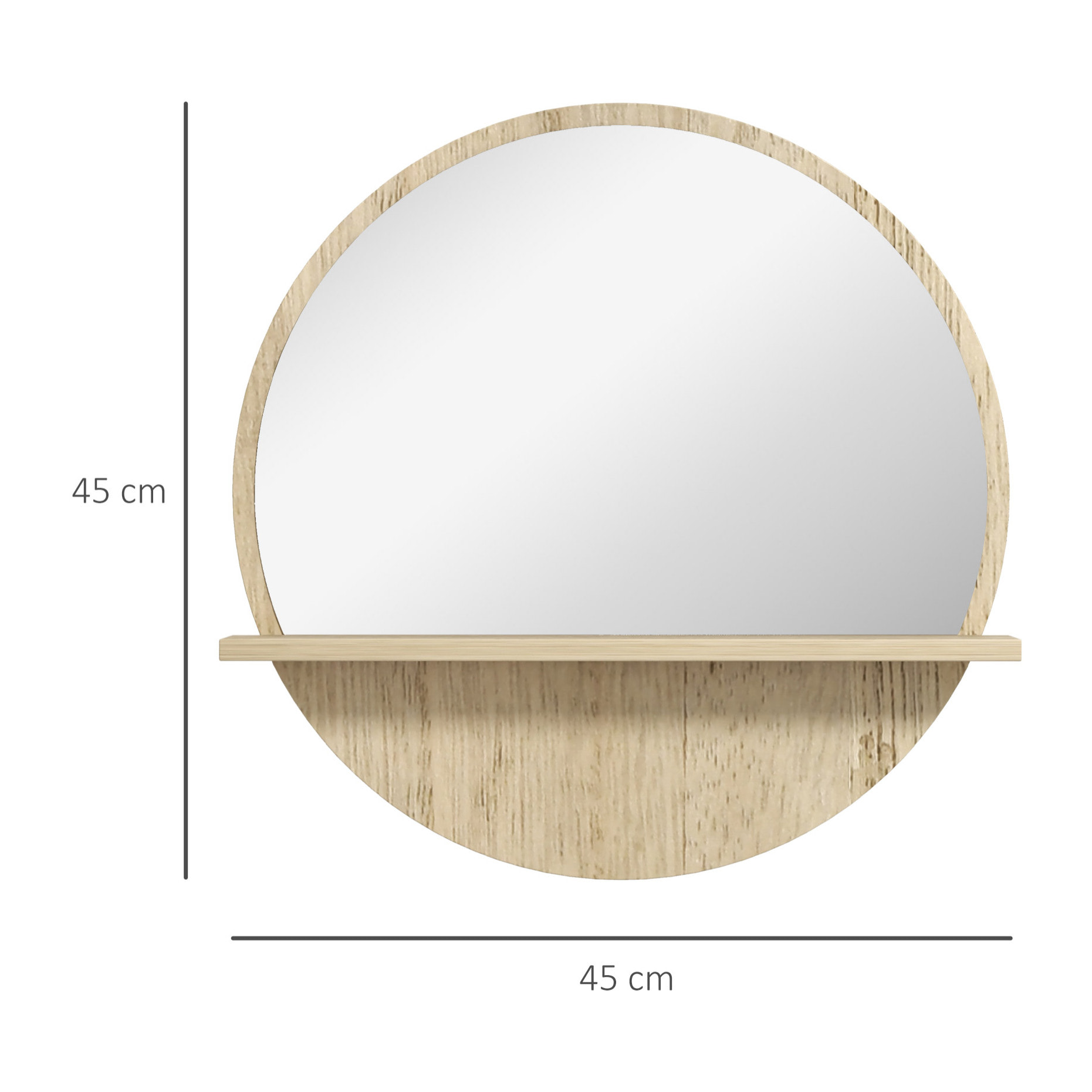 Miroir rond mural de salle de bain style cosy avec étagère - Ø 45 cm - effet bois naturel