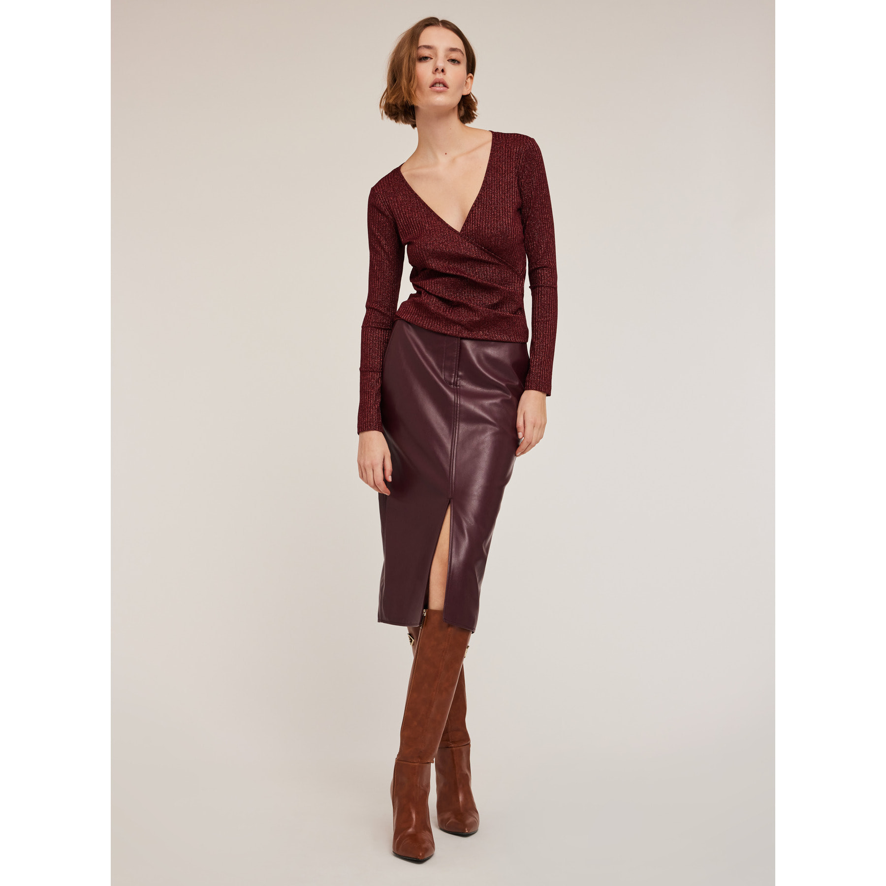 Motivi - Maglia ad incrocio a coste lurex - Bordeaux