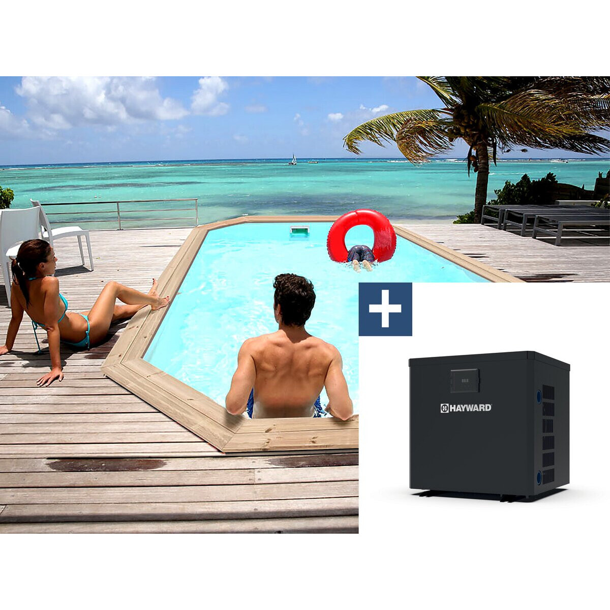 Piscine bois " Cordoue " - 3.48 x 2.15 x 1.18 m + Pompe à chaleur  3.5 kw/h - Hayward - "Micro" - Noir