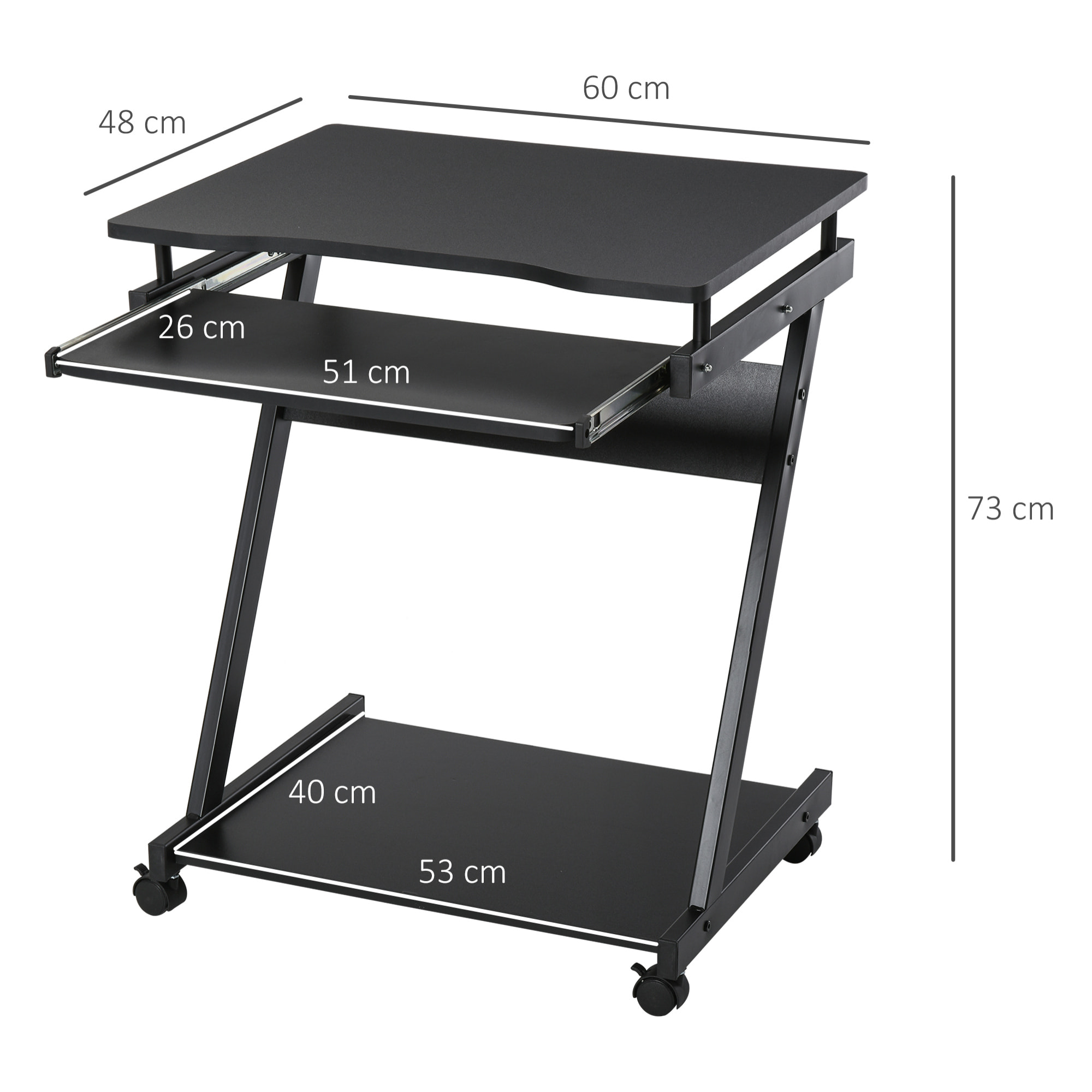 Mesa de Ordenador con Ruedas, 60x48 cm, Escritorio de Ordenador Moderno con Bandeja Deslizante para Teclado y Estante Inferior, Marco Metálico en Forma de Z, para Oficina, Estudio, Negro