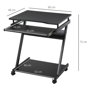 Mesa de Ordenador con Ruedas, 60x48 cm, Escritorio de Ordenador Moderno con Bandeja Deslizante para Teclado y Estante Inferior, Marco Metálico en Forma de Z, para Oficina, Estudio, Negro