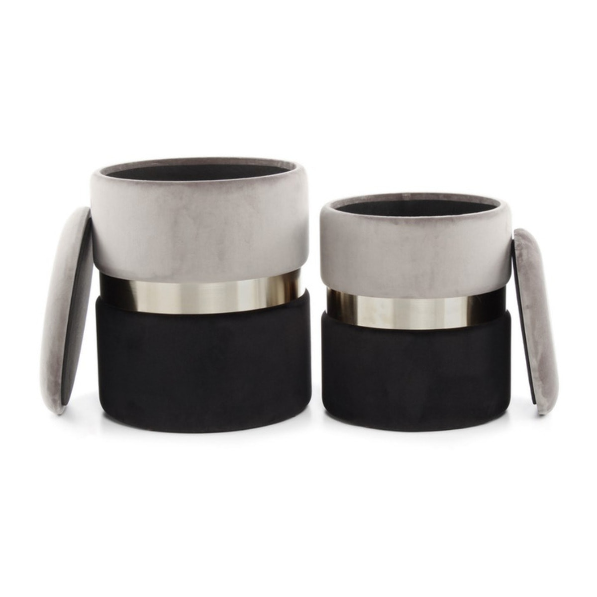 Set 2 Pouf Contenitore Zora in Velluto Grigio e Acciaio