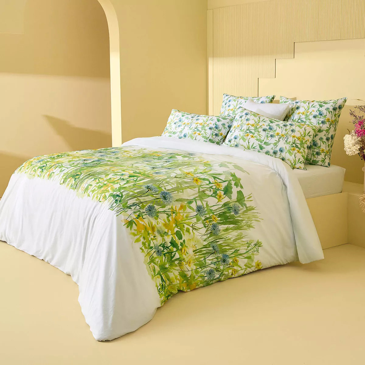 Lot h.couette +taies percale de coton imprimé jaune vert Aube florale prairie