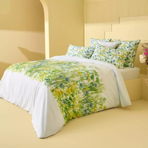 Lot h.couette +taies percale de coton imprimé jaune vert Aube florale prairie