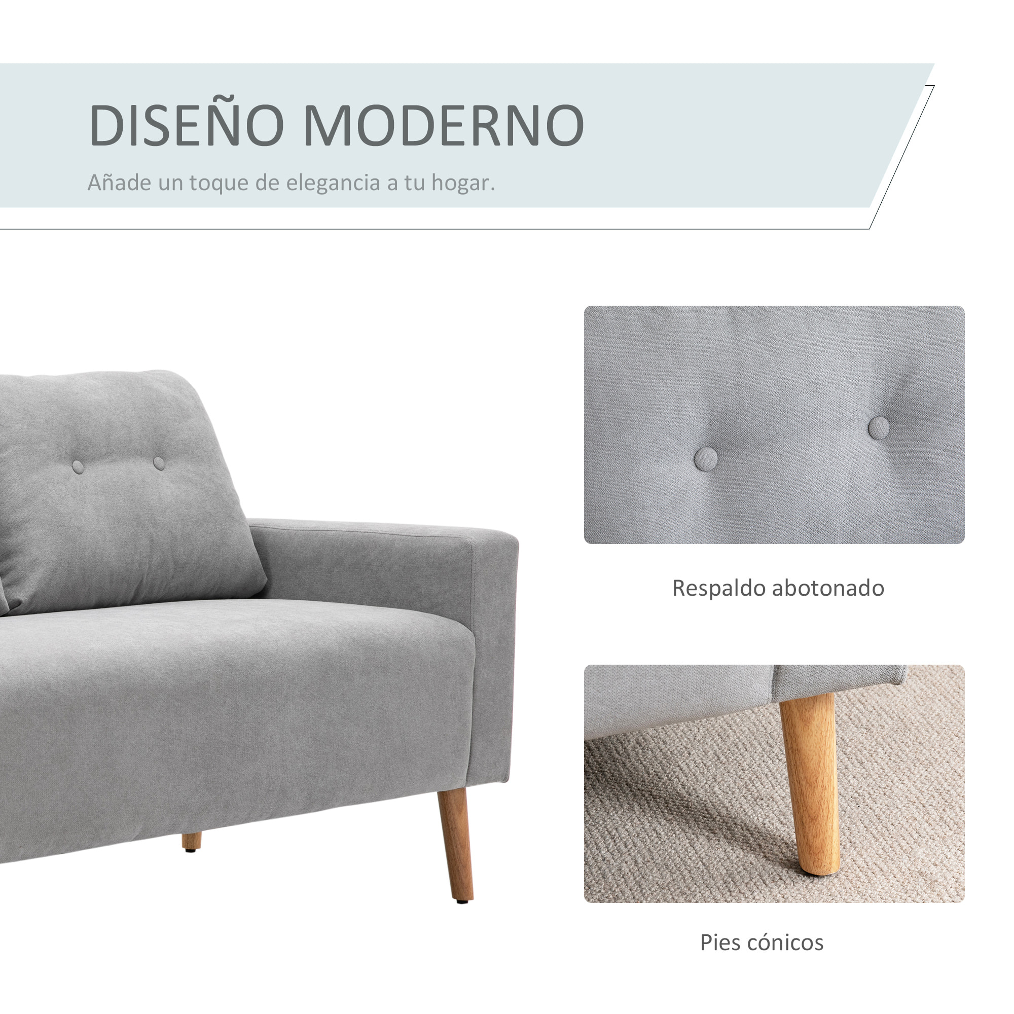 Sofá de 2 Plazas Sillón Moderno Tapizado en Poliéster con 2 Cojines Reposabrazos y Patas de Madera de Caucho para Dormitorio Oficina 145x76x88 cm Gris