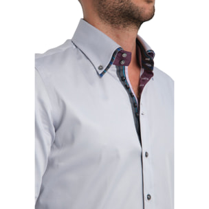 Camicia Uomo 2 Bottoni Button Down 7bottoni Doppio Coll Satin Unito Grigio