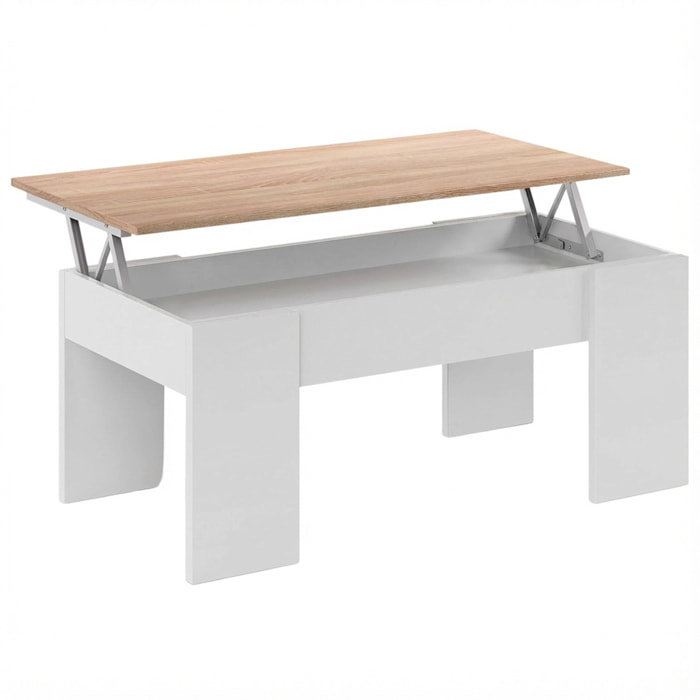 Tavolino da Salotto Alzabile Con Vano Contenitore Tavolo Multifunzione Salvaspazio Soggiorno Piano Sollevabile 100 x 50 x 54–56 cm Bianco E Rovere