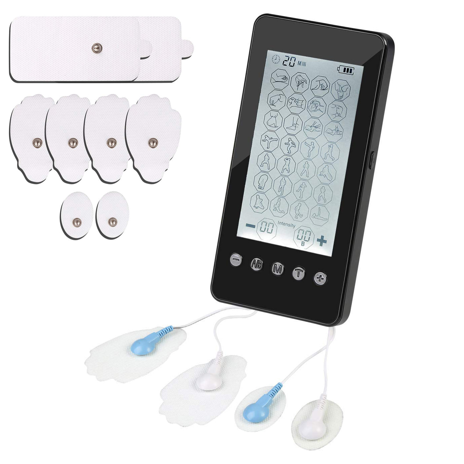 EMS Stimolatore Muscolare MHD-28 portatile. 28 modalità, 20 intensità, 2 canali duali. Dimensioni compatte, batteria ricaricabile.