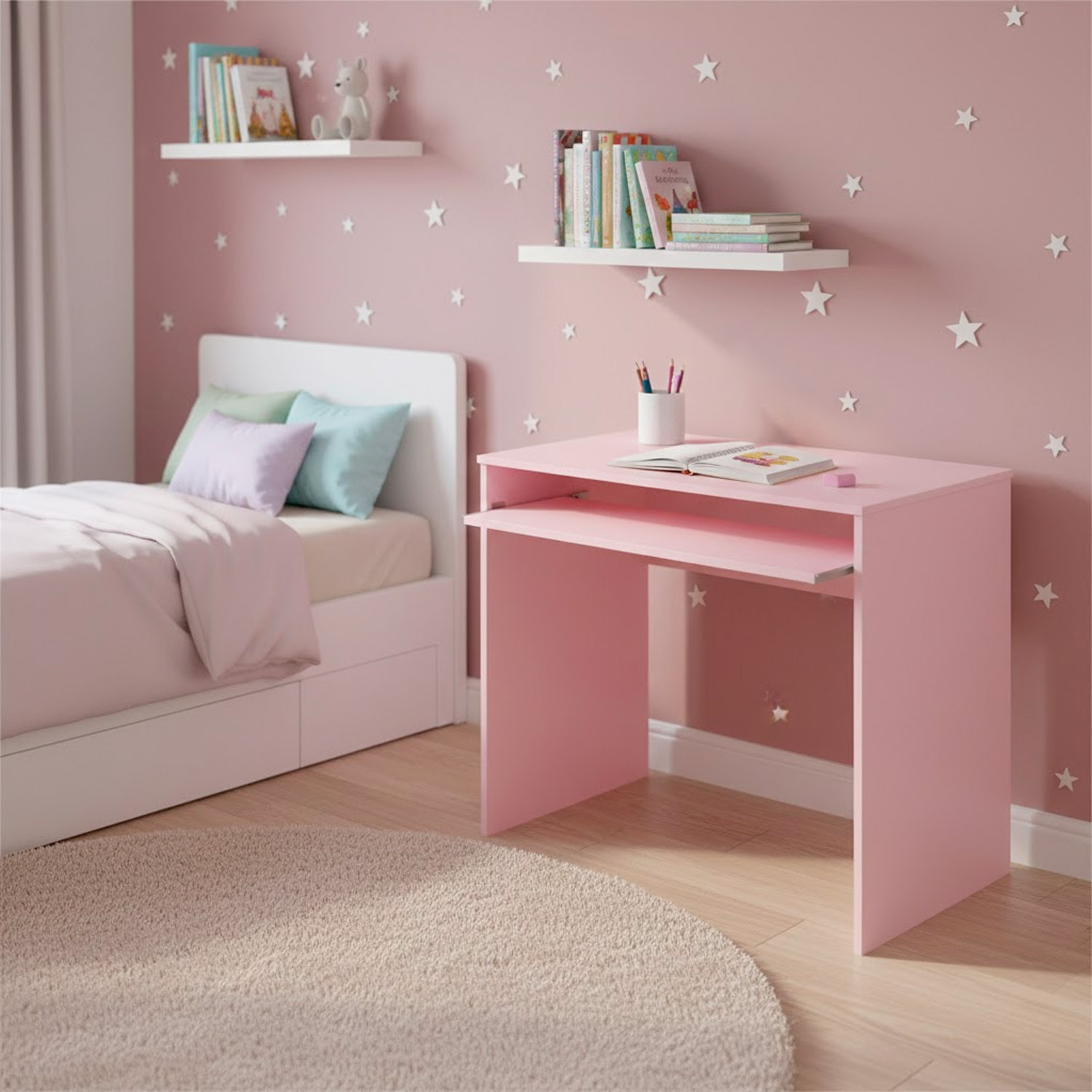 Scrivania Per Cameretta Postazione Desk PC Studio Ufficio Design Moderno Piano Scorrevole Piedini ABS Per Studio Compiti E Lavoro 90 x 54 x 79 Cm Rosa