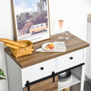 Aparador Armario de Cocina Aparador de Cocina Mueble Botellero para 6 Botellas con Puerta Corredera de Granero y 2 Cajones Estilo Rústico para Salón Comedor 80x39x86 cm Blanco y Natural