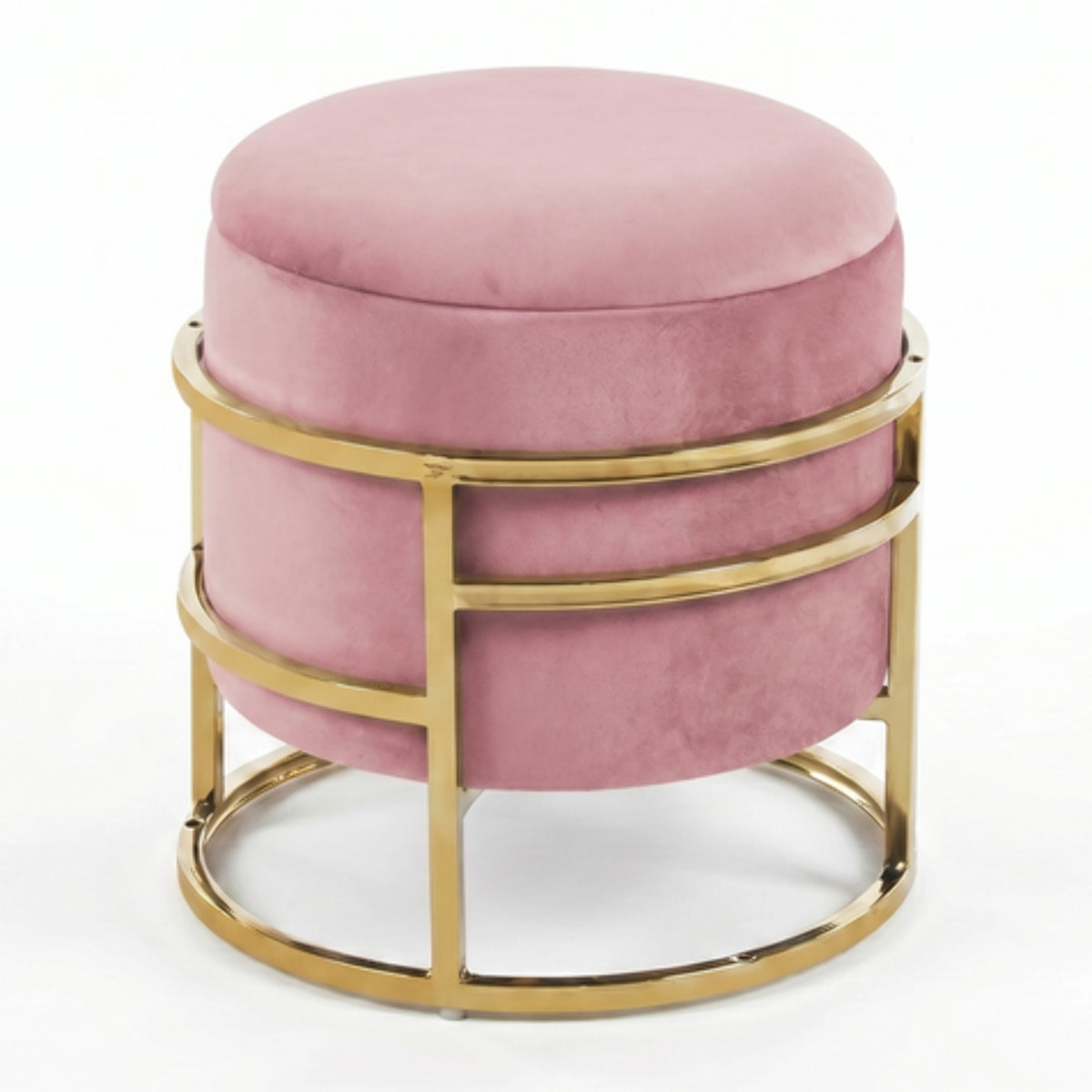 Pouf Contenitore Rotondo in Velluto con Coperchio e Base in Acciaio Dorata, Seduta Imbottita con Vano Contenitore dallo Stile Elegante per Soggiorno, Camera da Letto e Ingresso
