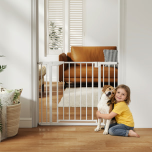 Barrera de Seguridad para Niños y Perros, Extensible 76-103 cm, Puerta para Perros, Bloqueo Doble, Cierre Automático, Apertura Dos Sentidos, Montaje a Presión, 2 Extensiones 7/14 cm, Blanco