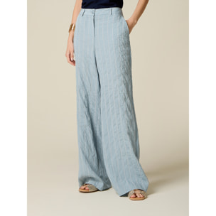 Oltre - Pantaloni palazzo gessati effetto crinkle - Azzurro