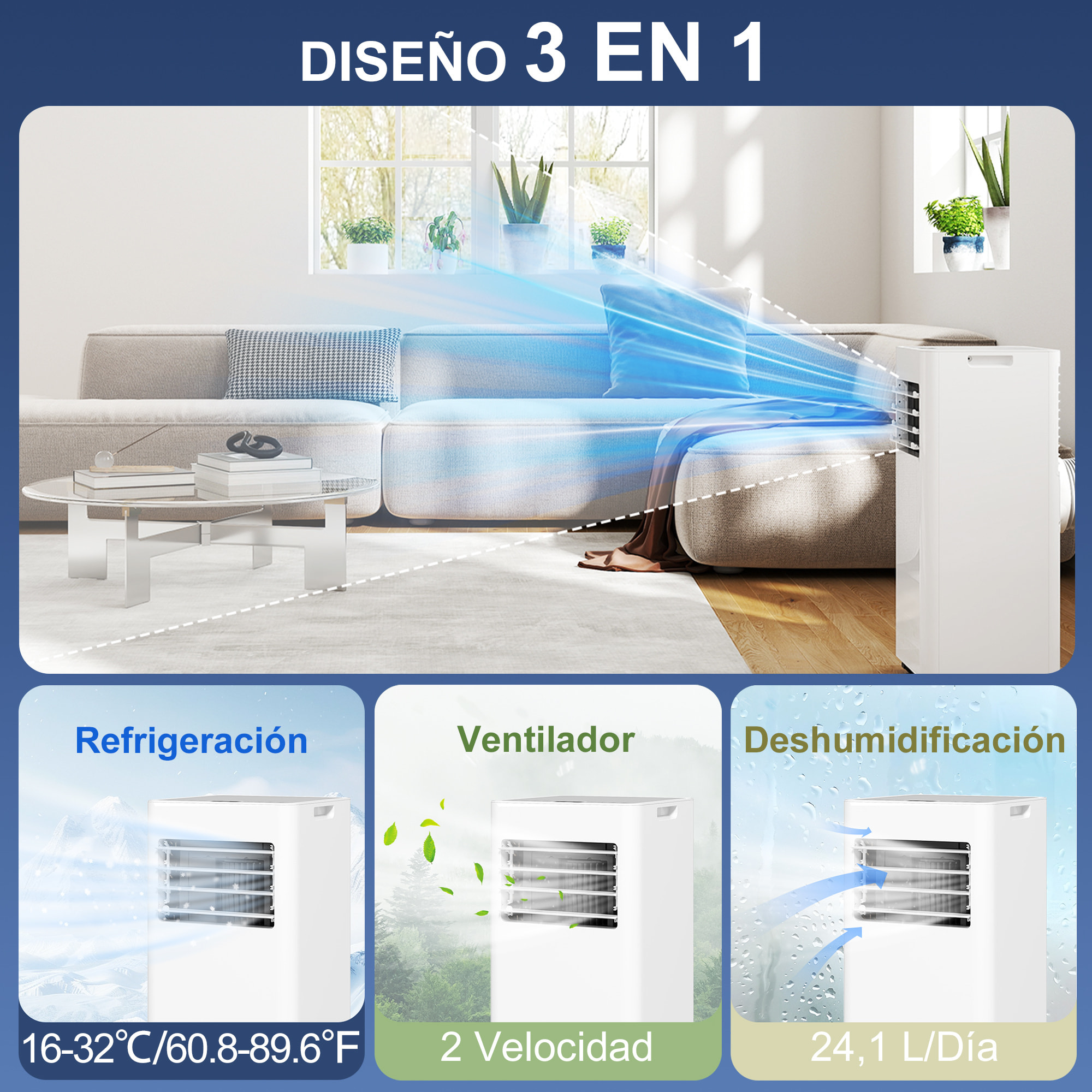 Aire Acondicionado Portátil 3 en 1 9000 BTU Enfriador Ventilador Deshumidificador 24,1 L/Día con Control Remoto Pantalla LED Temporizador 24h 2 Velocidades para Habitación 28m² Blanco