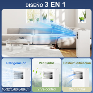Aire Acondicionado Portátil 3 en 1 9000 BTU Enfriador Ventilador Deshumidificador 24,1 L/Día con Control Remoto Pantalla LED Temporizador 24h 2 Velocidades para Habitación 28m² Blanco