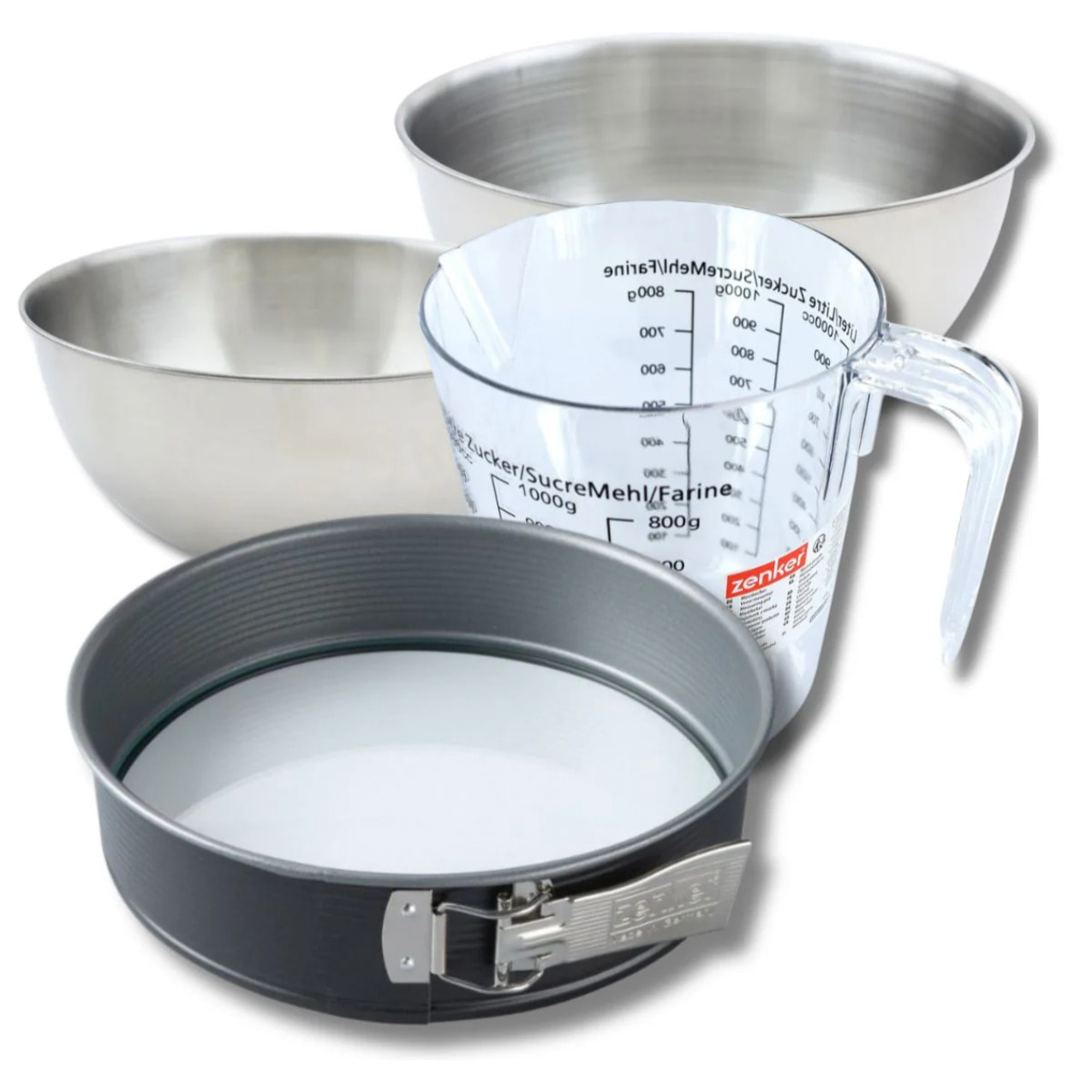 Set pâtisserie avec moule à manqué de 26 cm acier, 2 bols à mixer, verre mesureur et spatule Zenker