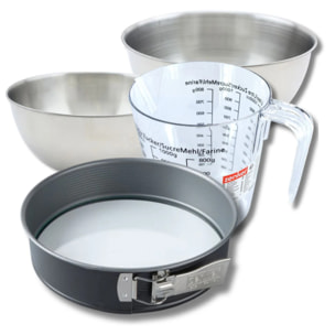 Set pâtisserie avec moule à manqué de 26 cm acier, 2 bols à mixer, verre mesureur et spatule Zenker