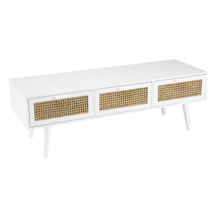 SANDRO - Meuble TV blanc 3 tiroirs cannage naturel