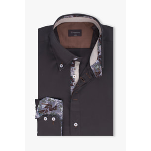 Camicia Uomo 2 Bottoni Button Down Slim Satin Unito Grigio Scuro