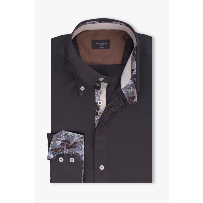 Camicia Uomo 2 Bottoni Button Down Slim Satin Unito Grigio Scuro