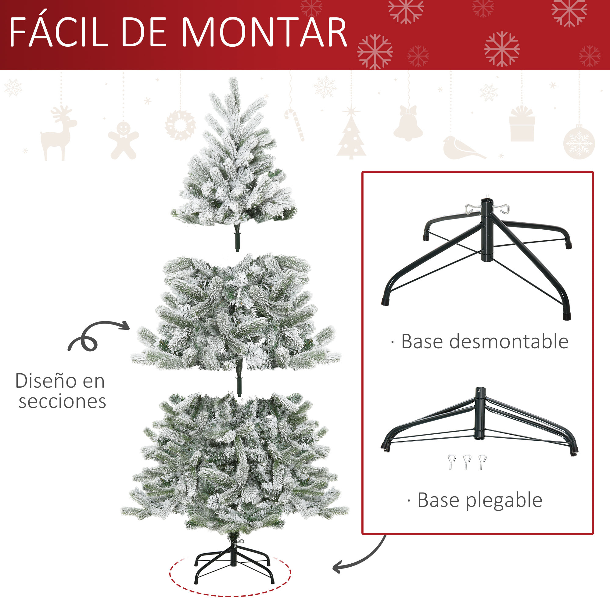 HOMCOM Árbol de Navidad Nevado Artificial 150 cm con 521 Ramas PVC y PE Base Plegable y Soporte de Metal Decoración Navideña para Interiores Ø90x150 cm Verde y Blanco