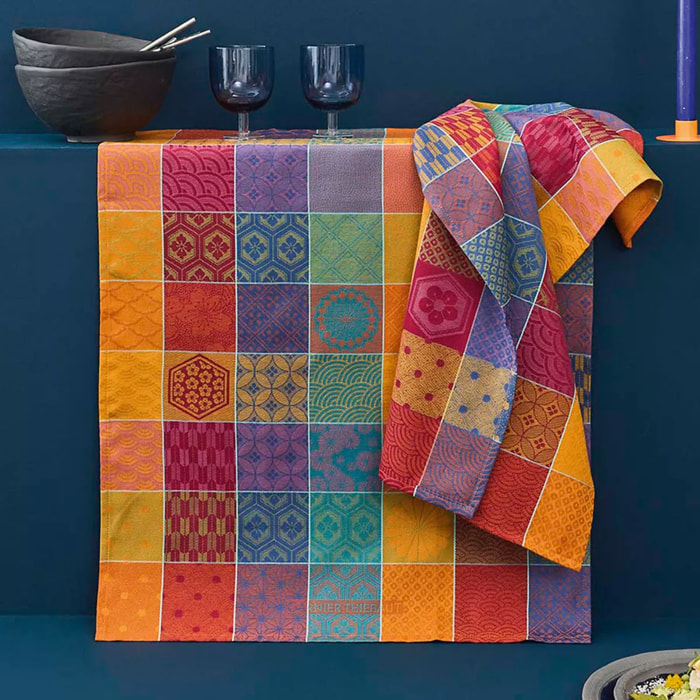 Torchon pur coton motif jacquard orange violet Mille hana floralies