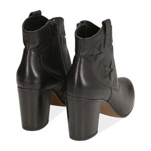 Ankle boots neri in pelle con stelle ricamate, tacco 7,50 cm