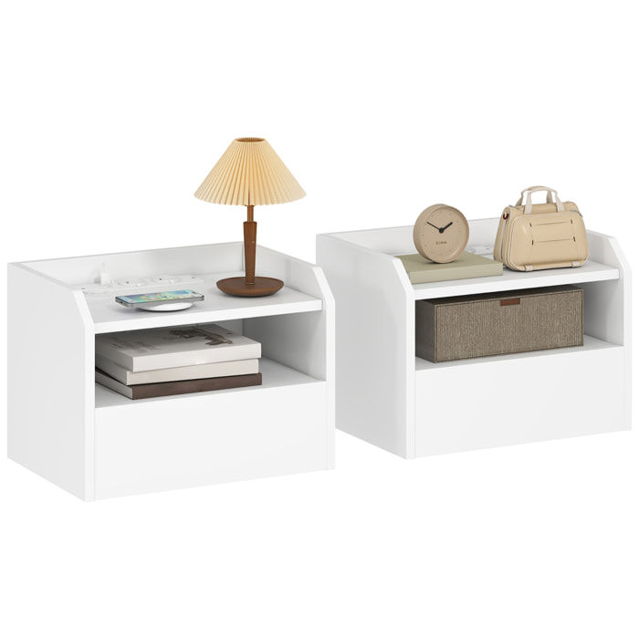 Juego de 2 Mesitas de Noche Flotantes con Estación de Carga, Mesillas de Noche Dormitorio, Cajón, Estante Abierto, Montado en la Pared, Estilo Moderno, para Sala de Estar, 40x29x29 cm, Blanco