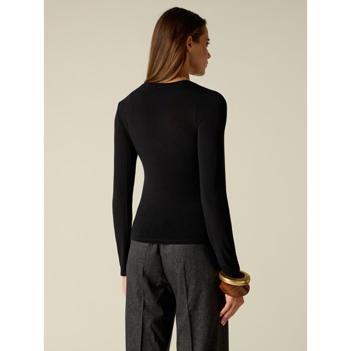 Oltre - T-shirt scollo a V misto cashmere - Nero