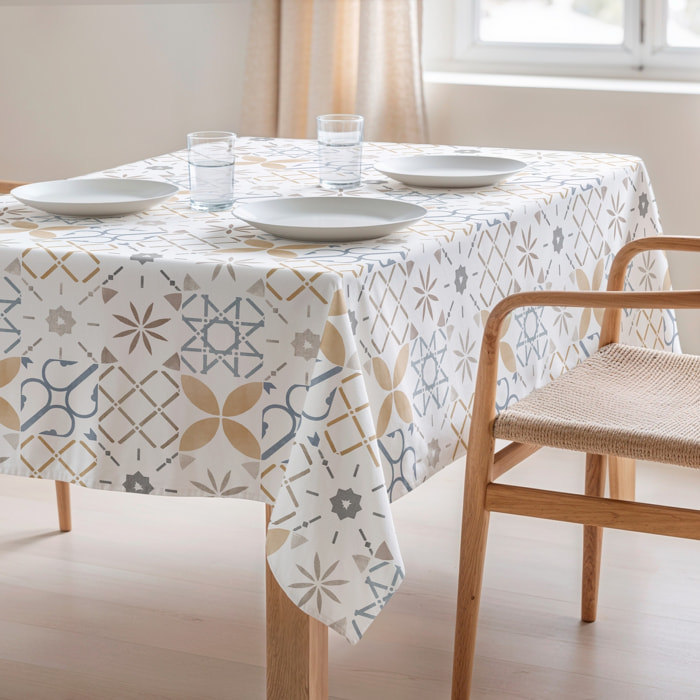 Mantel estampado antimanchas TILE OCRE-BLUE