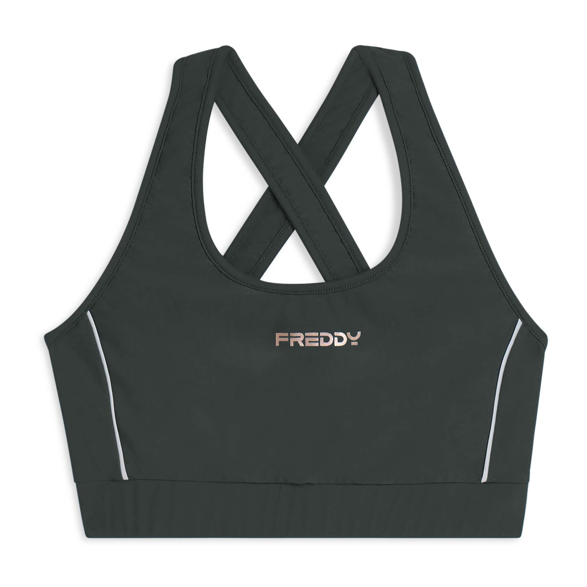 Top tecnico con spalline incrociate e profili bianchi